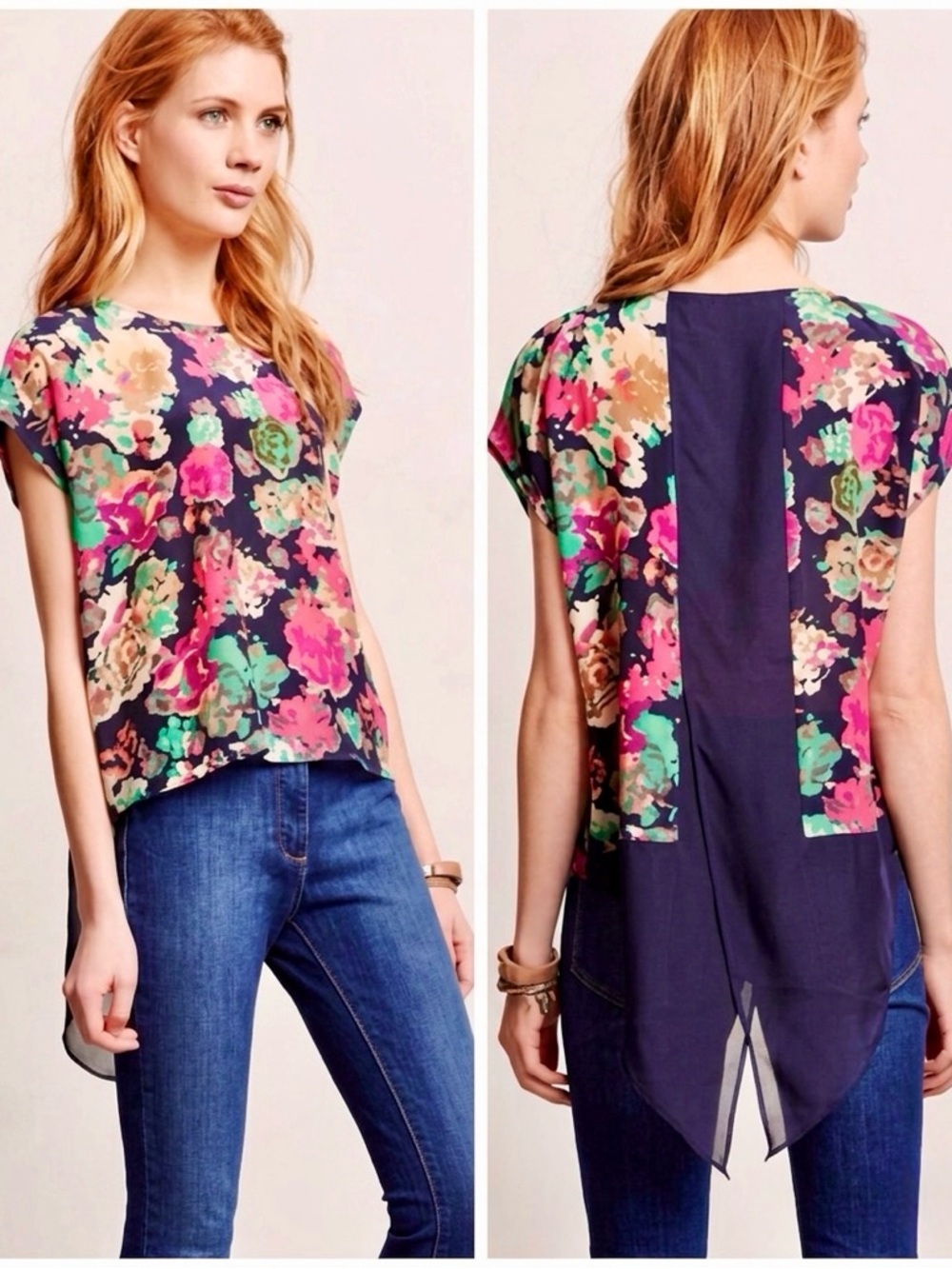 MAEVE Anthropologie Silk Navy Blue & Pink Floral Top Women's Blouse Split Back